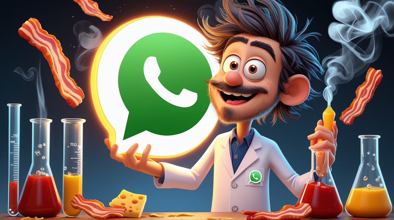  crazy but friendly cartoon scientist with messy hair, wearing a white lab coat, holding a giant glowing WHATSAPP LOGO