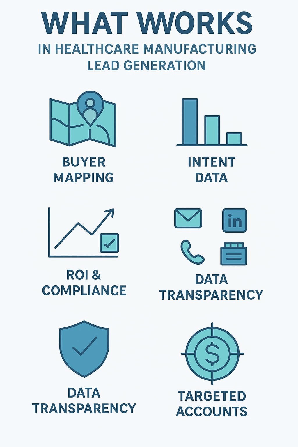 “This image showcases key elements for successful B2B lead generation in the healthcare manufacturing sector, including buyer mapping, intent data, ROI and compliance, data transparency, and targeted accounts”.