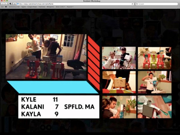 A screenshot of a computer screen displays a presentation titled "Rubbish Workshop." A large blue rectangle is positioned on the left side. Below it, a list of names—KYLE, KALANI, and KAYLA—followed by numbers—11, 7, and 9—are shown. A collage of six smaller photos appears on the right side, depicting people in various settings, including one with colorful chairs. The top bar of the browser shows "http://www.rubbishworkshop.com/rubbish-workshop.html" and "Google" in the address bar.