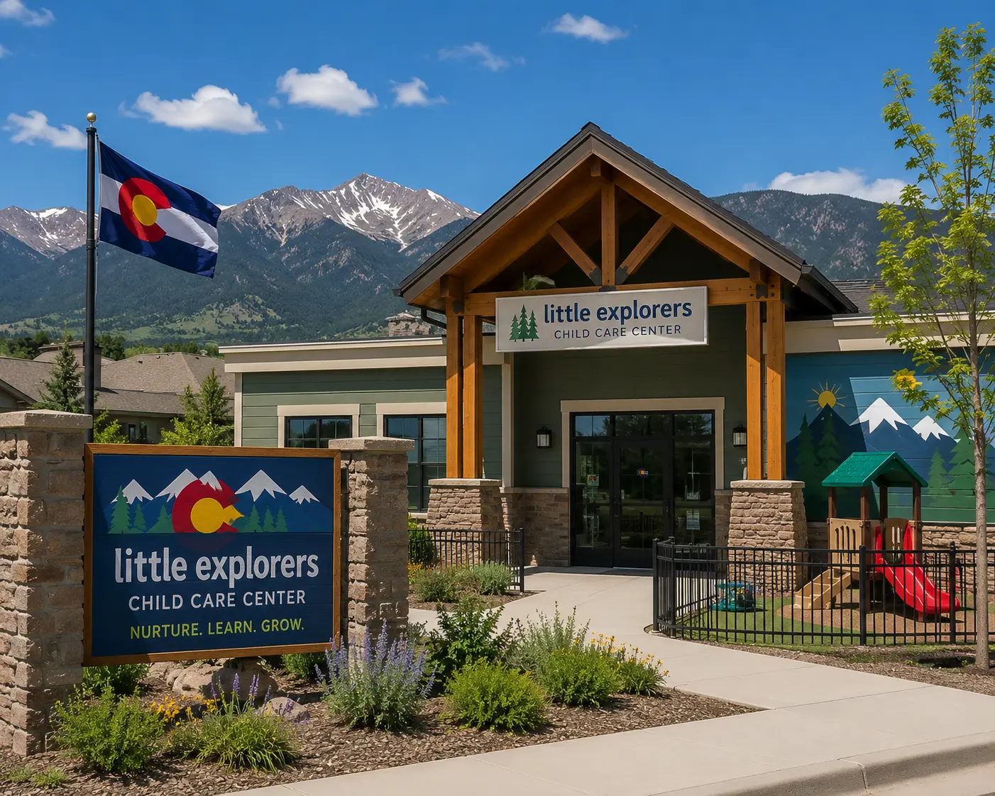 the outside of a child care center in colorado with mountains behind it