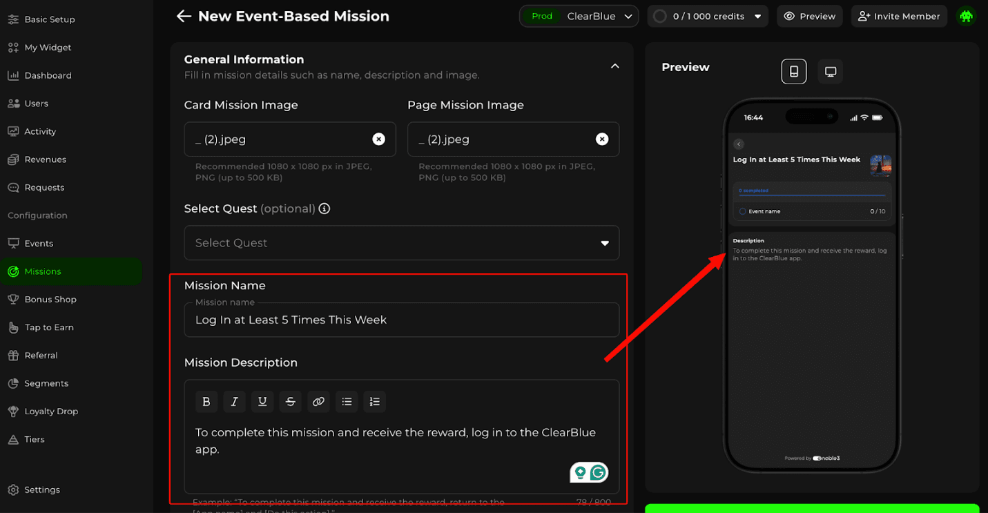 Enable3 "New Event-Based Mission" configuration screen in the Missions section of the admin panel: form fields include Card and Page Mission Image uploads (1080x1080px JPEG/PNG), optional Quest selector, Mission Name ("Log In at Least 5 Times This Week"), and rich-text Mission Description ("To complete this mission and receive the reward, log in to the ClearBlue app") with live mobile widget preview showing the mission card as users will see it — illustrating the no-code mission builder for creating engagement-based loyalty challenges tied to specific in-app actions