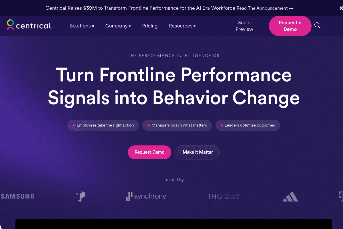 Centrical homepage headlined Turn Frontline Performance Signals into Behavior Change