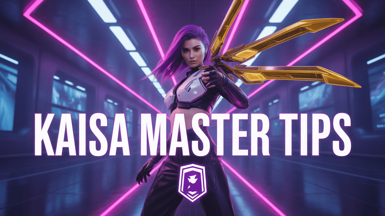 Kaisa with purple hair and golden blades in neon sci fi background with master tips and Grandmaster emblem