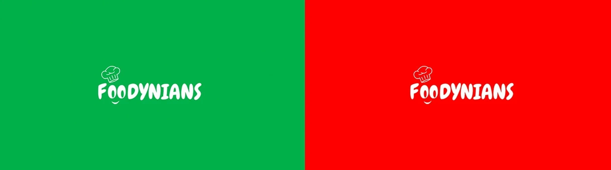 Split-color graphic with green on the left and red on the right, each featuring a white “Foodynians” logo and small illustrated food icon.