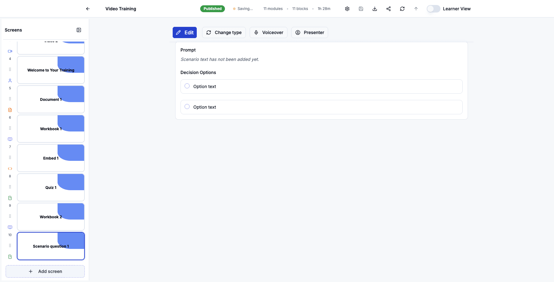 Click Add screen to add memory and recall activities to your course.