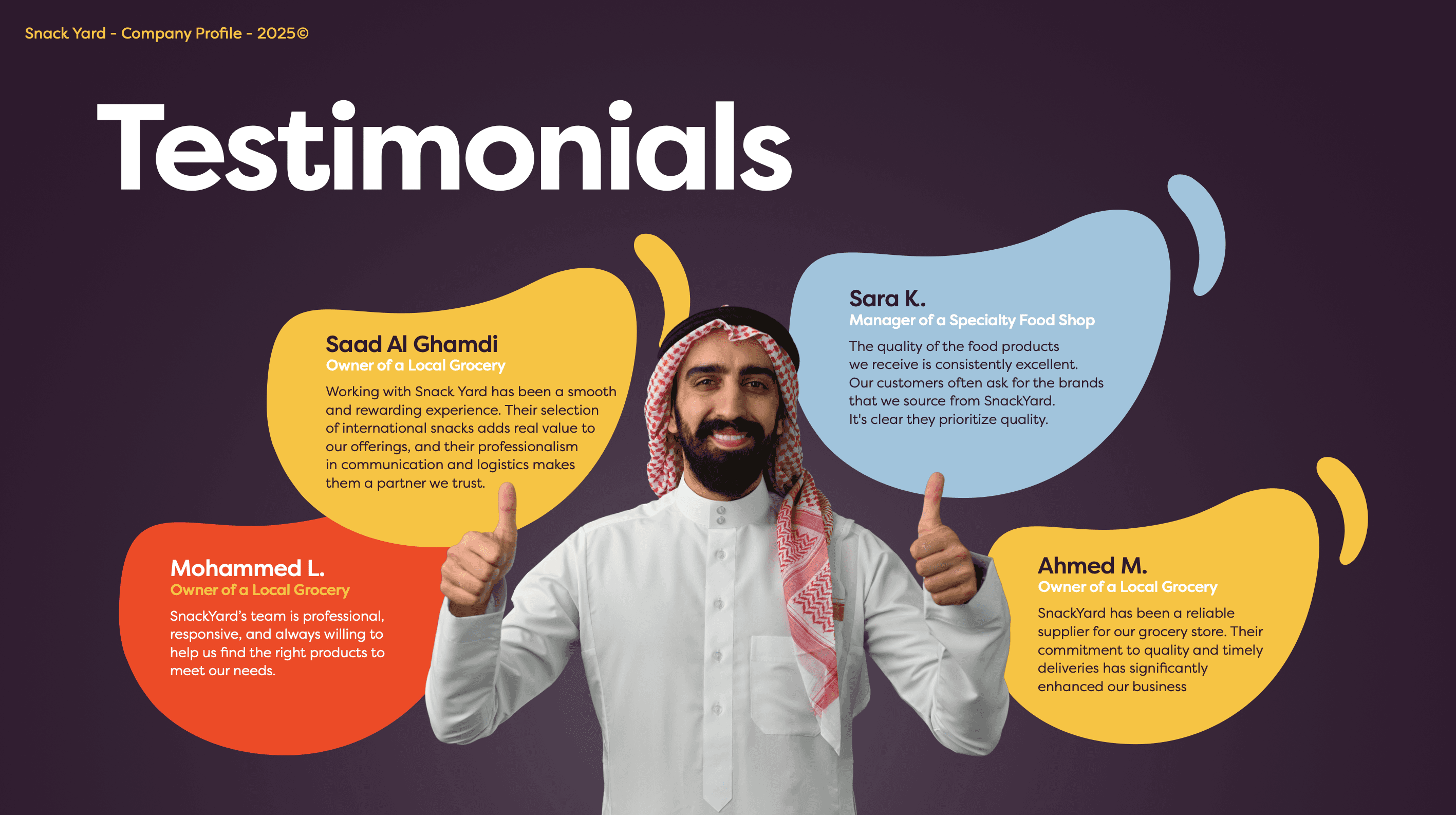 Testimonials graphic featuring a smiling man in traditional Saudi attire standing in the center giving a thumbs up. Surrounding him are colorful speech bubbles with customer reviews: Saad Al Ghamdi praises Snack Yard’s smooth international product sourcing and logistics; Sara K. commends consistent product quality and customer preference for Snack Yard brands; Mohammed L. highlights professional, responsive service; and Ahmed M. notes reliable supply and timely deliveries that strengthen his business.