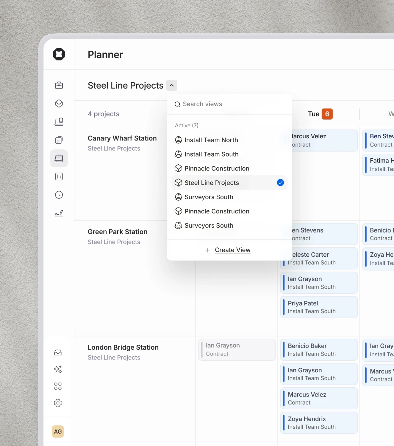 In dark mode, the detail of a particular site visit in the Onetrace Planner, showing the location, date, time and assigned operative.