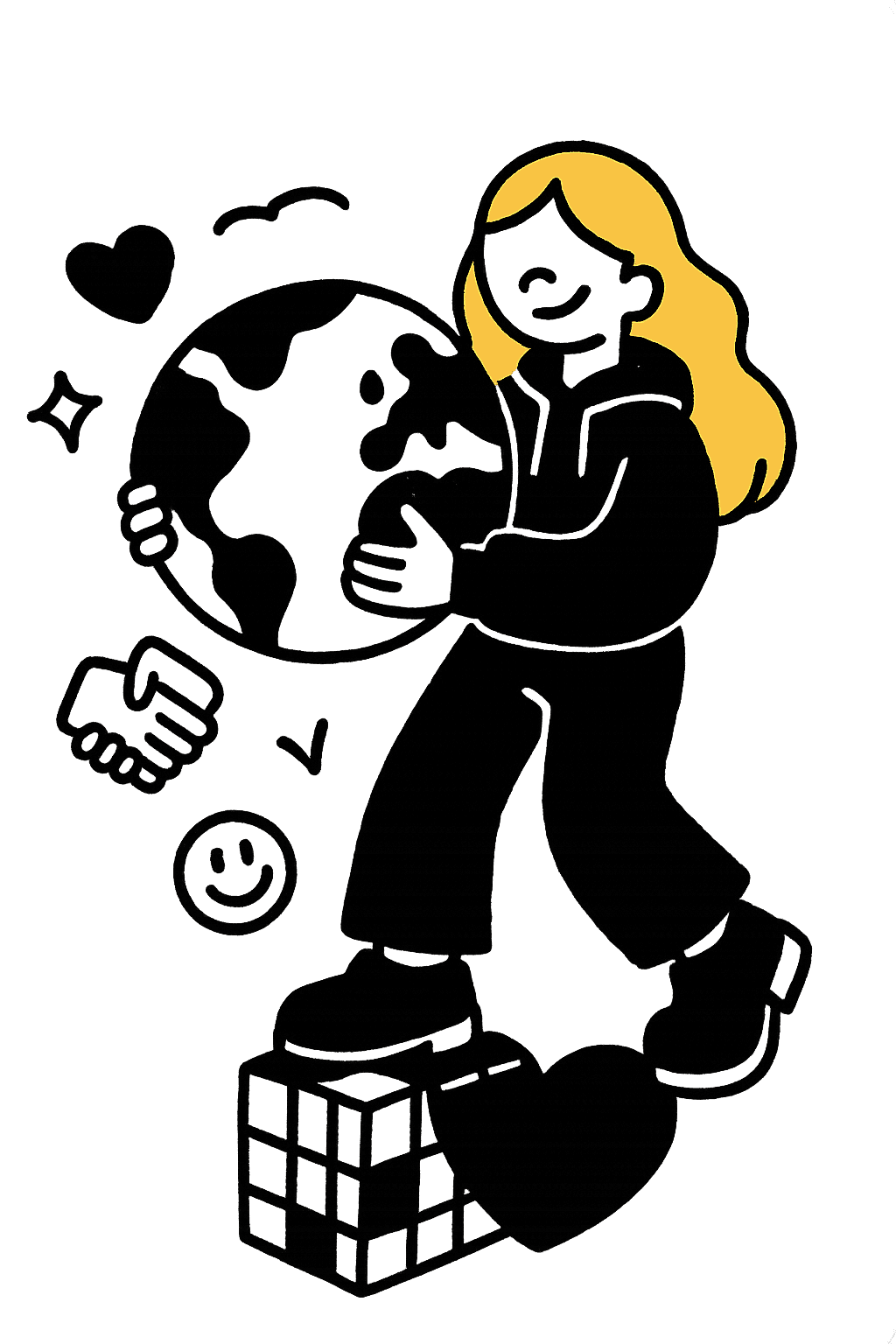 Illustration of dynamic icon holding a world globe and balancing on a rubix cube and love heart icon