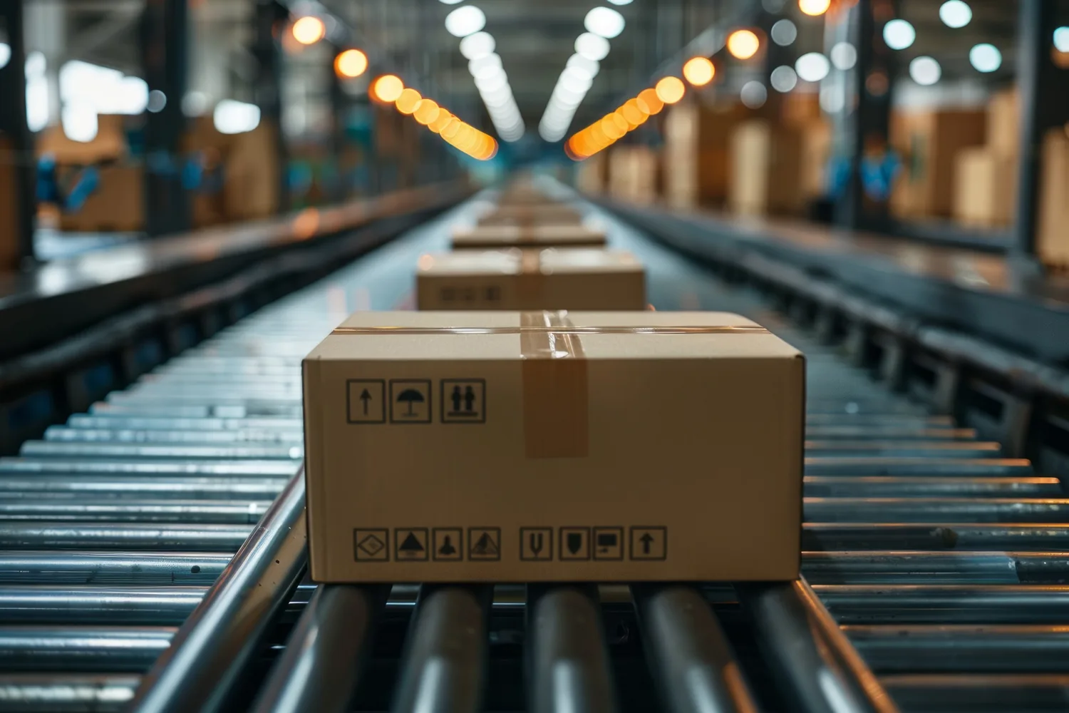 Cardboard packages moving along a warehouse conveyor belt, representing ecommerce logistics, order fulfilment, and product delivery.