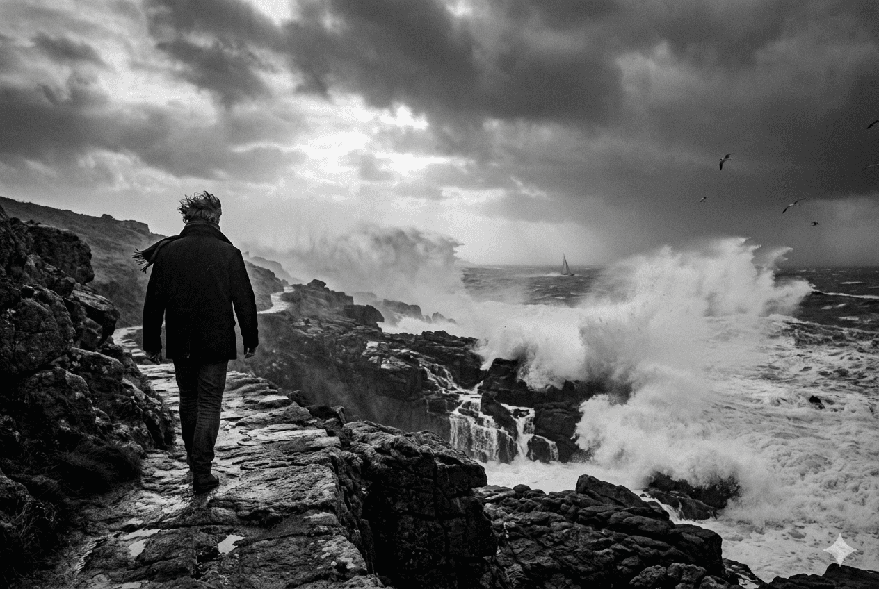 Photo noir et blanc d'une silhouette marchant face à des vagues déchaînées sur une côte rocheuse