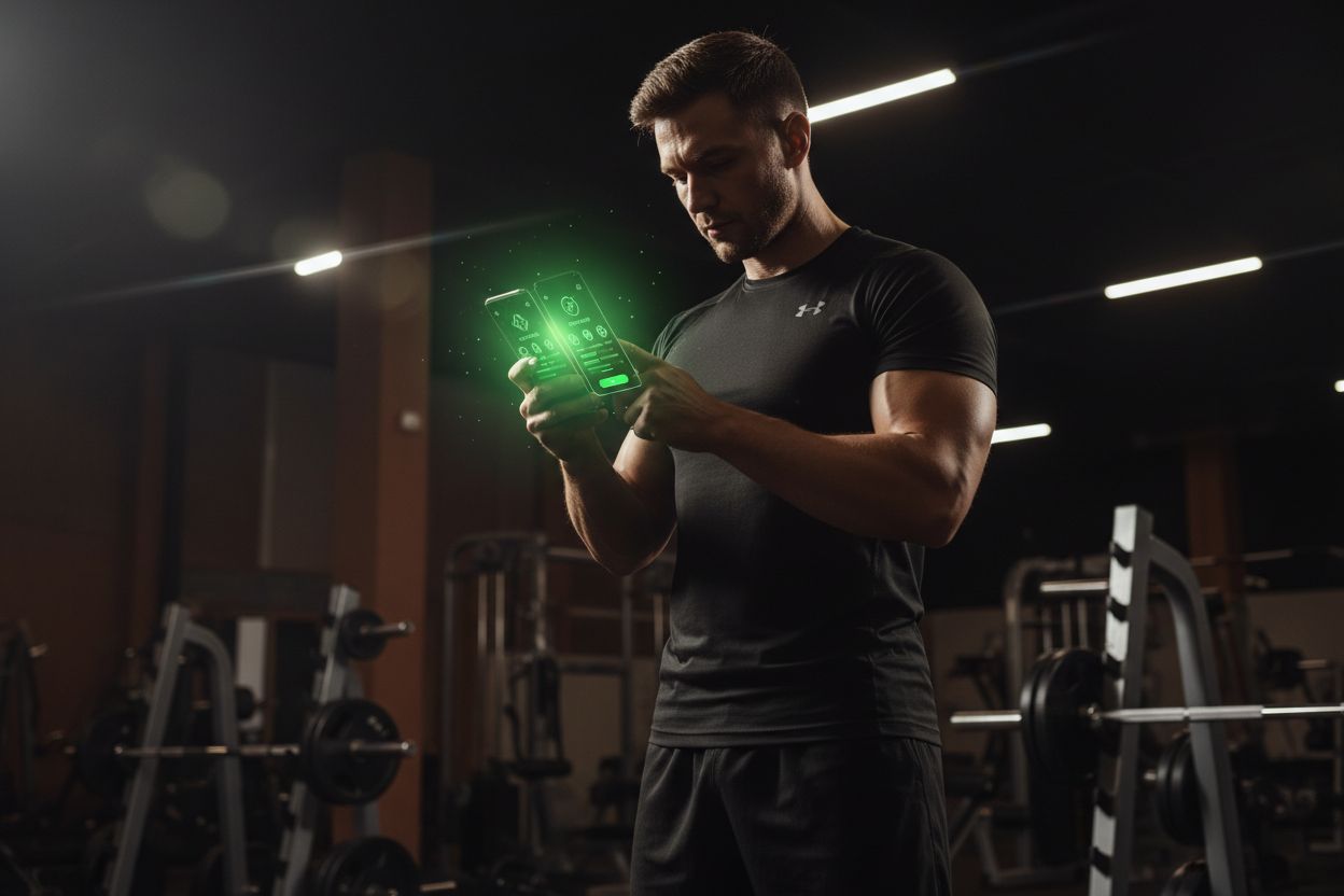 Una persona comparando apps de entrenamiento en un teléfono en el gimnasio