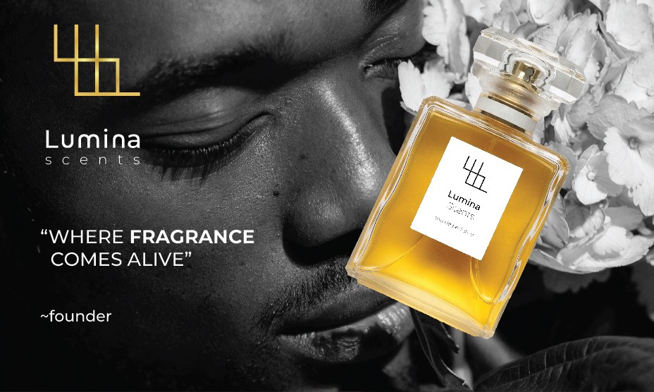 Brand poster with a close-up of a young man in the background, centered around a perfume bottle to evoke sensory storytelling