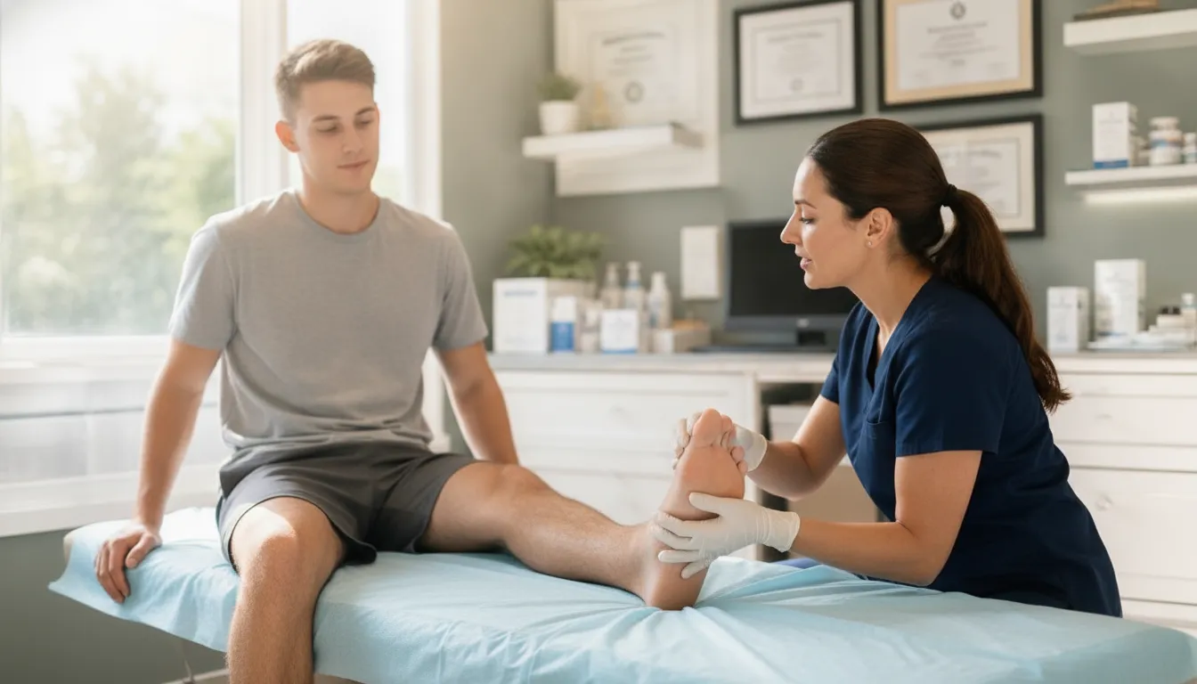 Podiatric physician gently examining the back of a patient's calf and ankle in a bright modern medical office