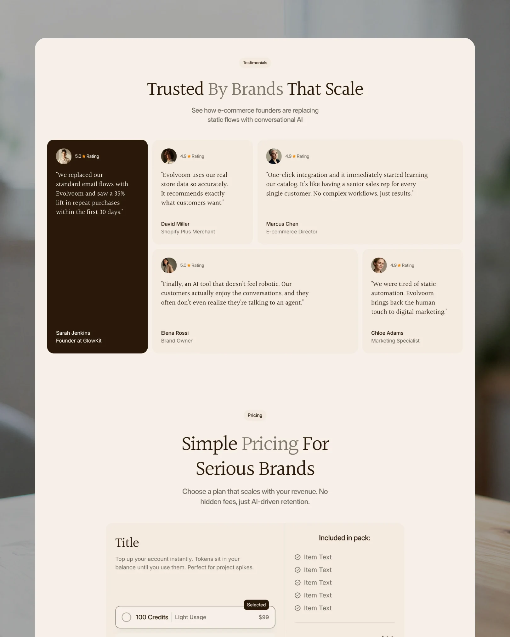 Evolvoom testimonials from e-commerce founders and credit-based pricing section — web design by Luna UI design studio