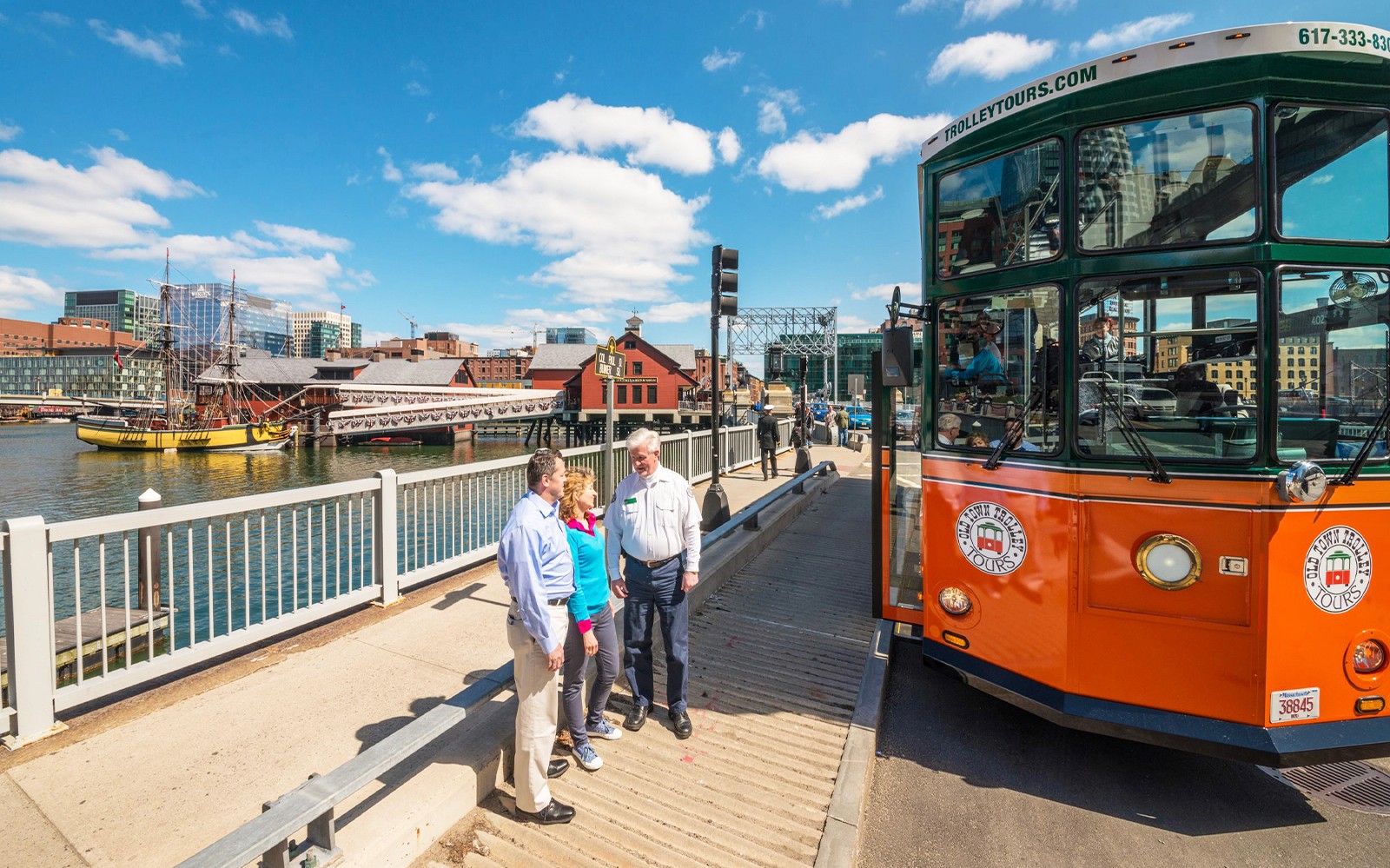 Boston Old Town Trolley near Boston Tea Party Ships and Museum.