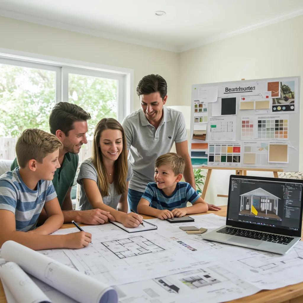 Family discussing home addition plans with blueprints and design materials