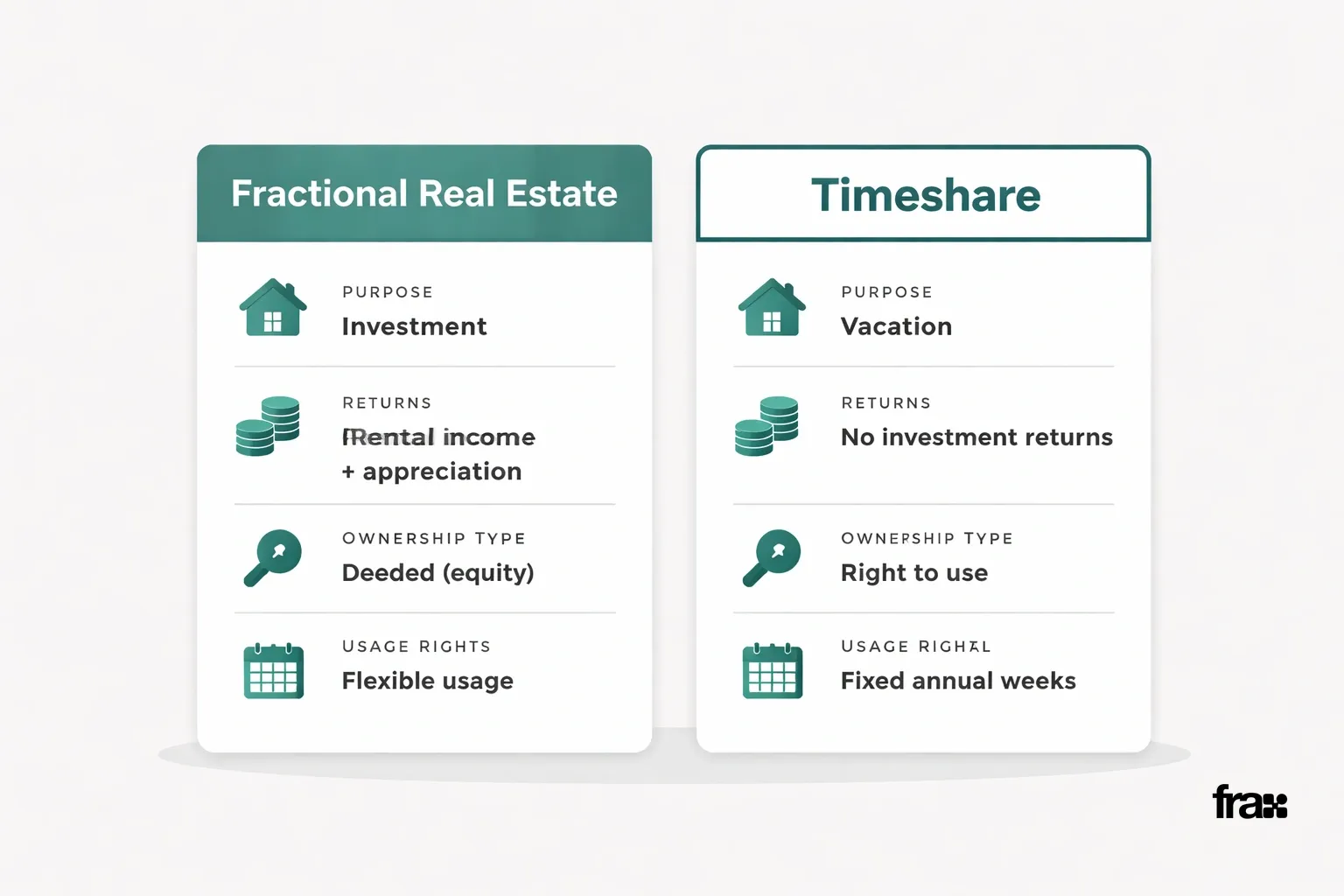 Comparative infographic showing fractional real estate vs timeshare with key features in flat vector style