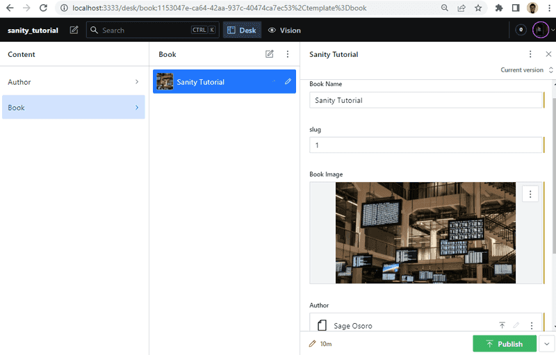 screenshot showing locahost:3333 content, book, and publish