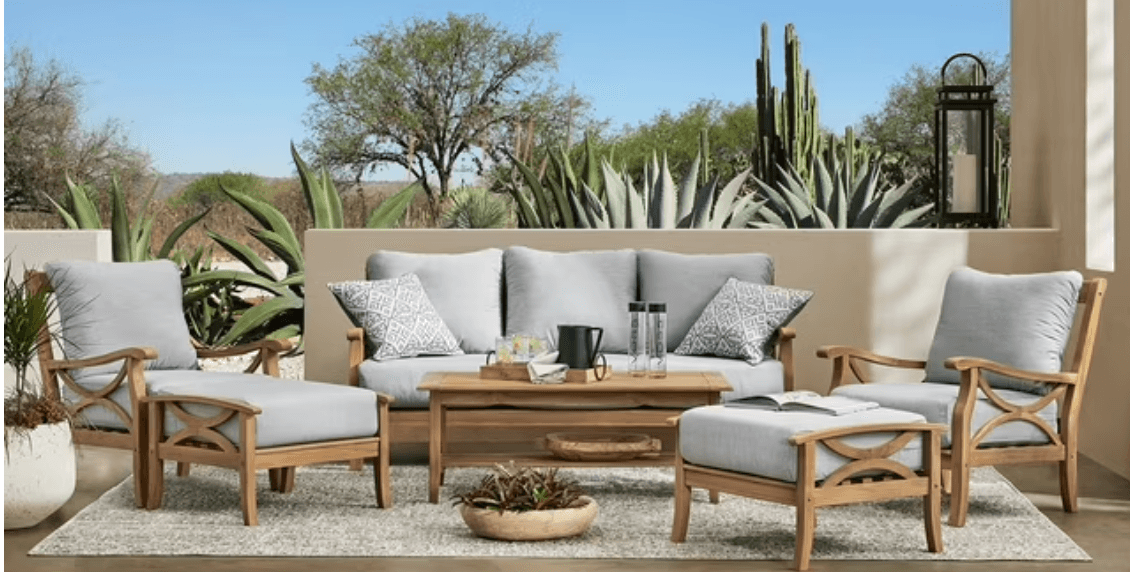 Catalina six piece teak deep seating set with patio cover, granite