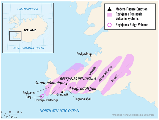 Map of southwest Iceland showing the volcanic systems of the Reykjanes Peninsula shaded in pink and the offshore Eldey system outlined in pink.