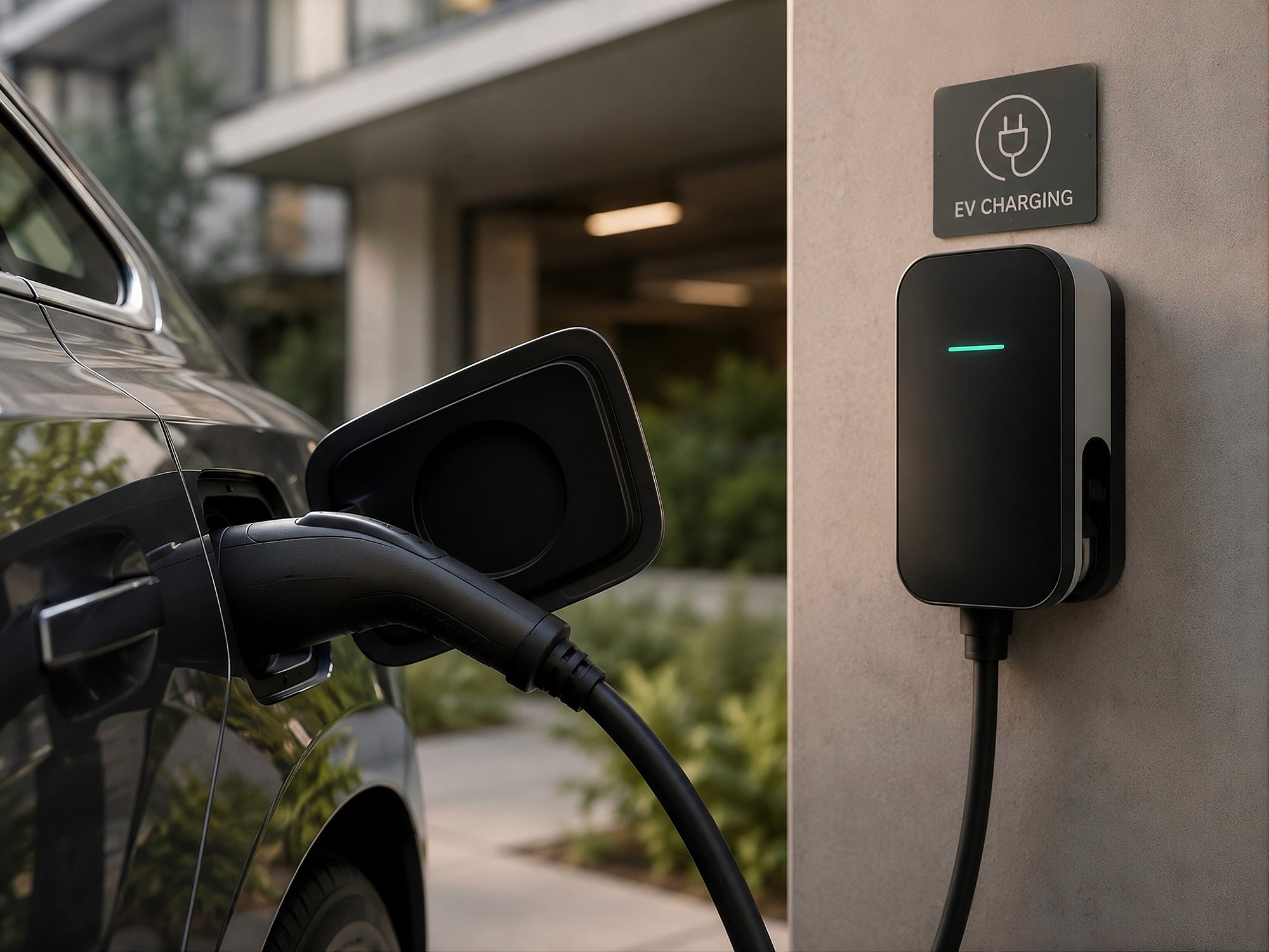 A close-up of a wall-mounted EV charger with a cable plugged into an electric car.