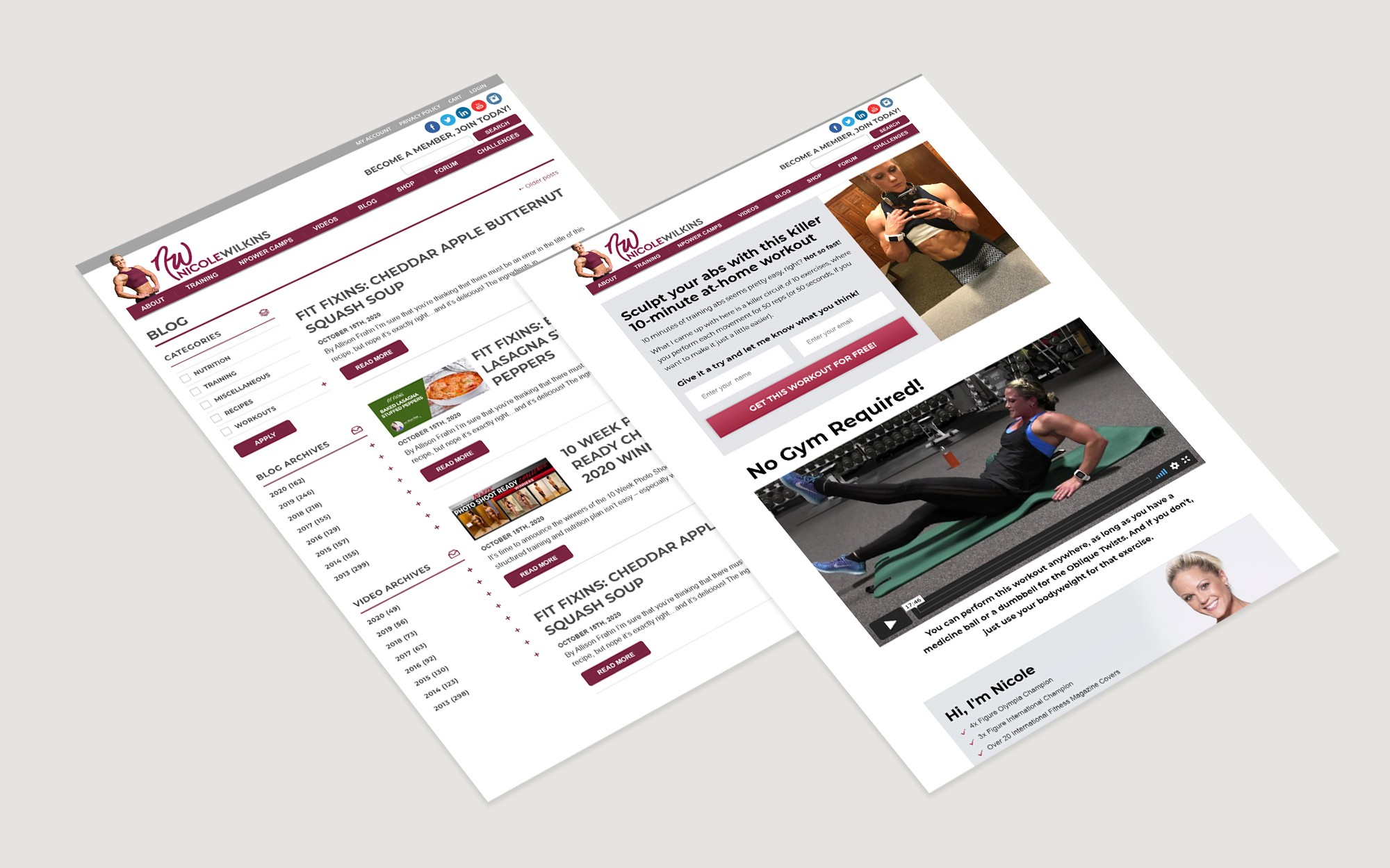 Nicole Wilkins fitness blog and workout website layouts showing blog posts, workout routines, and training articles.