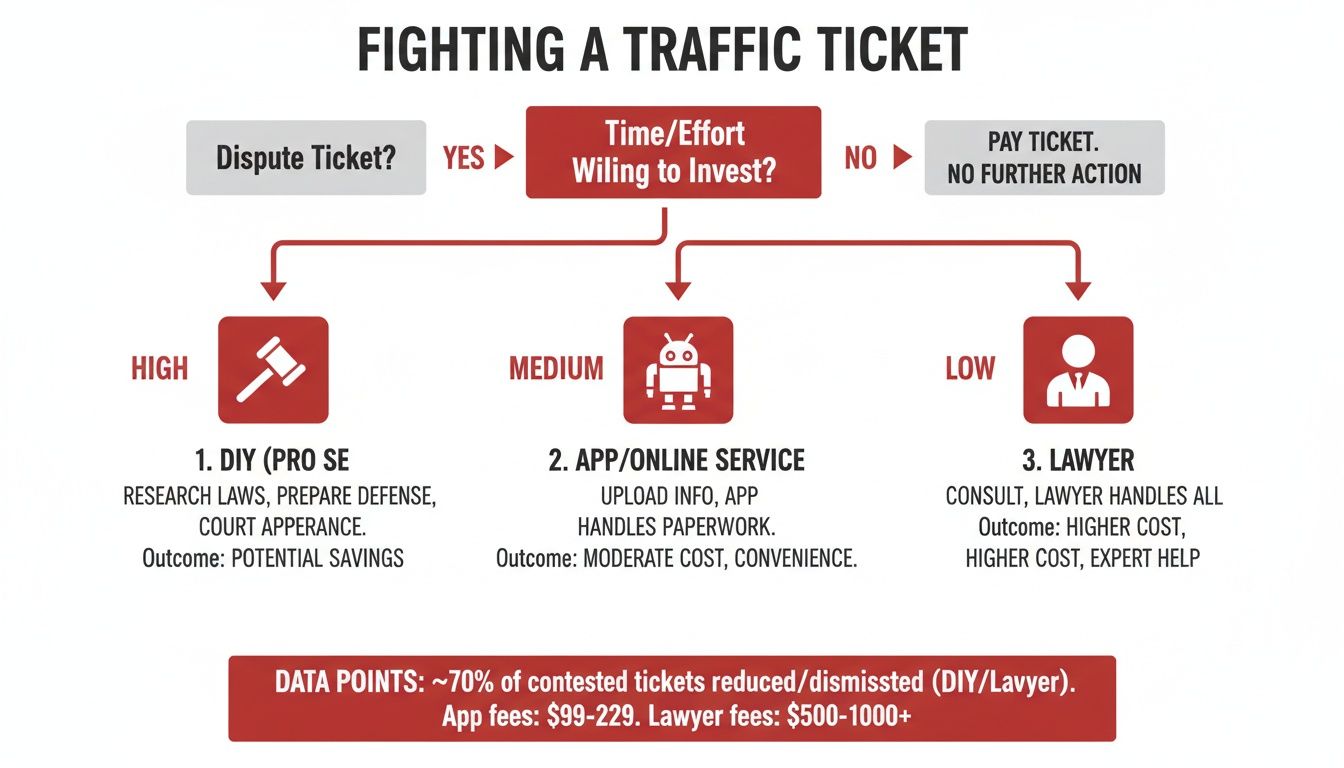 Flowchart illustrating options for fighting a traffic ticket based on time and effort investment.