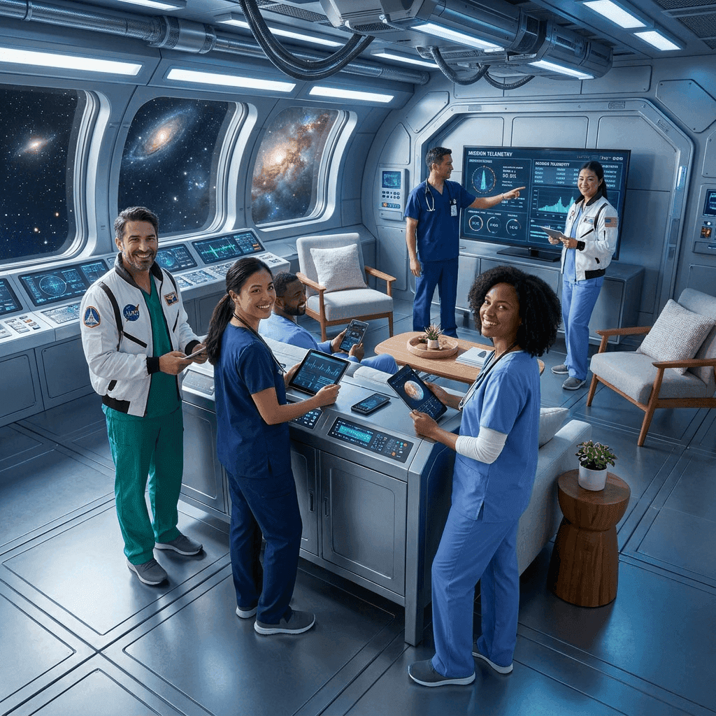 Doctors work together like they are on a space ship.