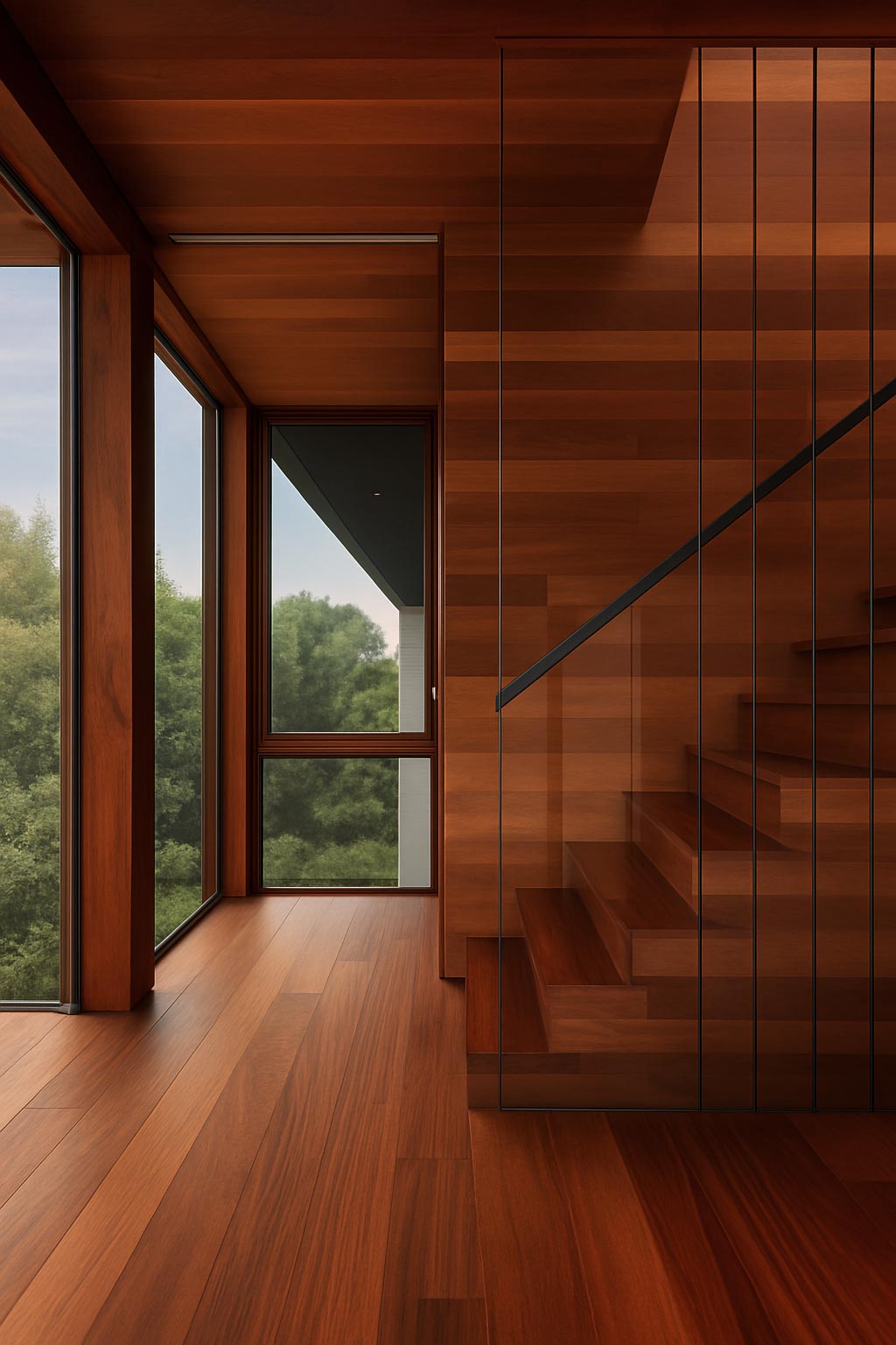 Modern staircase with glass balustrade, walnut flooring, and large windows overlooking a forest.