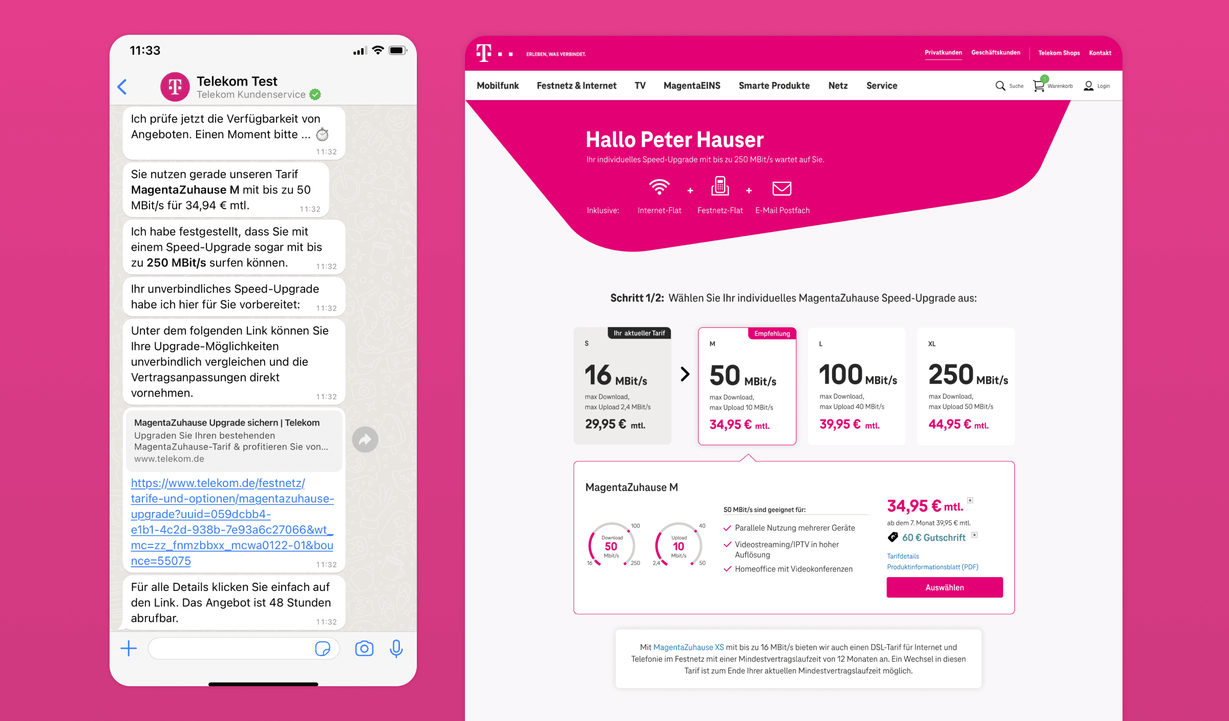 Zu sehen ist ein WhatsApp-Chat von „Telekom Test“ mit einem Angebot für ein MagentaZuhause-Speed-Upgrade. Rechts ein personalisiertes Online-Angebot auf der Telekom-Website für Peter Hauser mit verschiedenen Tarifoptionen.s.