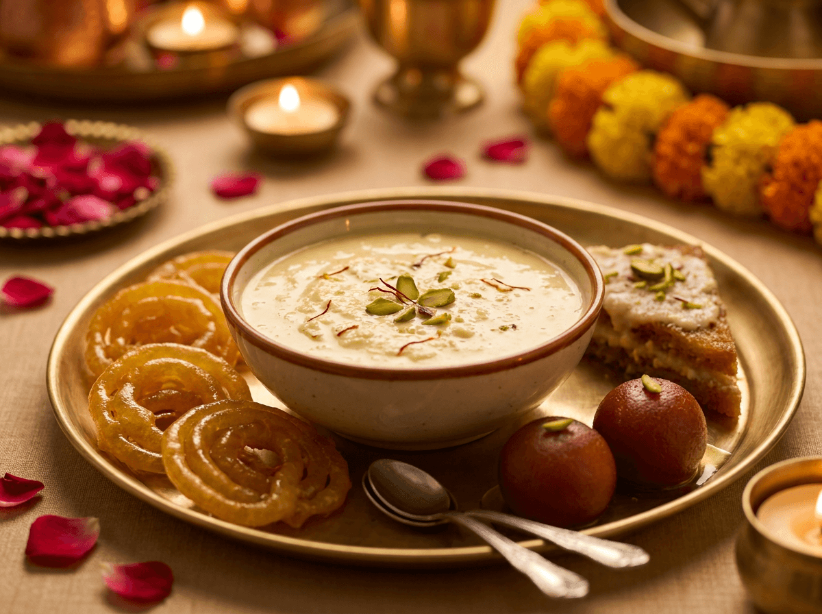 Indian dessert platter with Rabdi, jalebi, gulab jamun, and Shahi Tukda