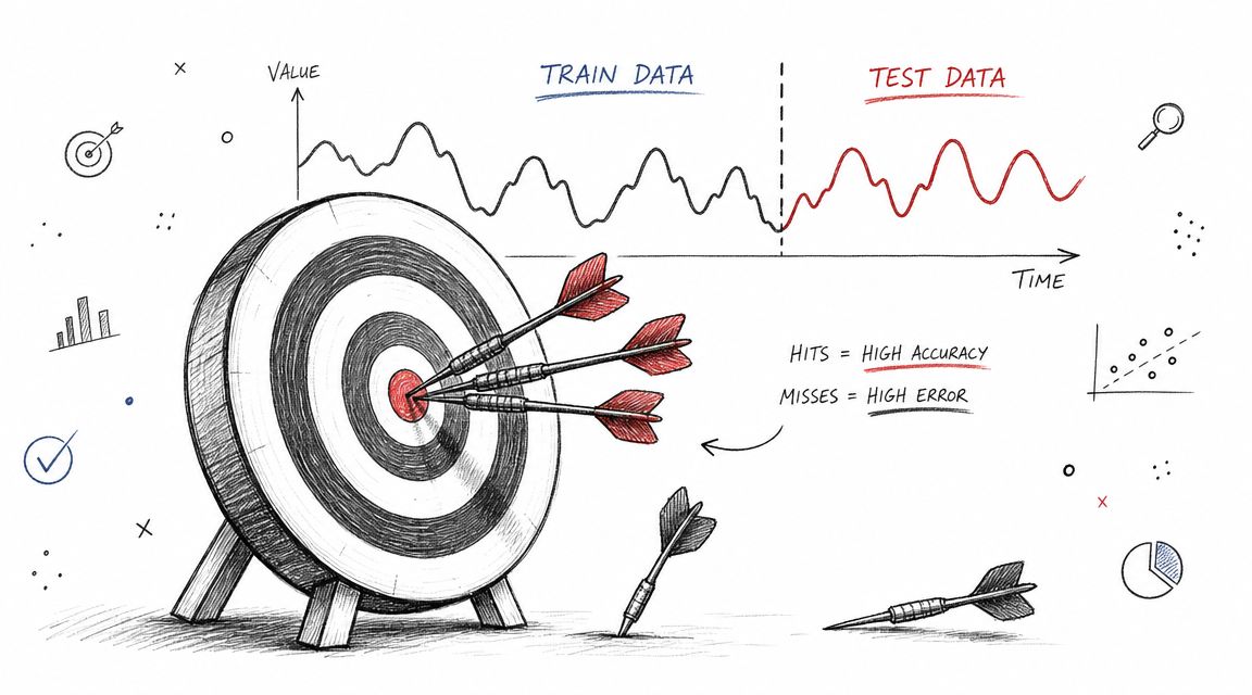 A hand-drawn illustration showing a target with arrows and a time series data graph.