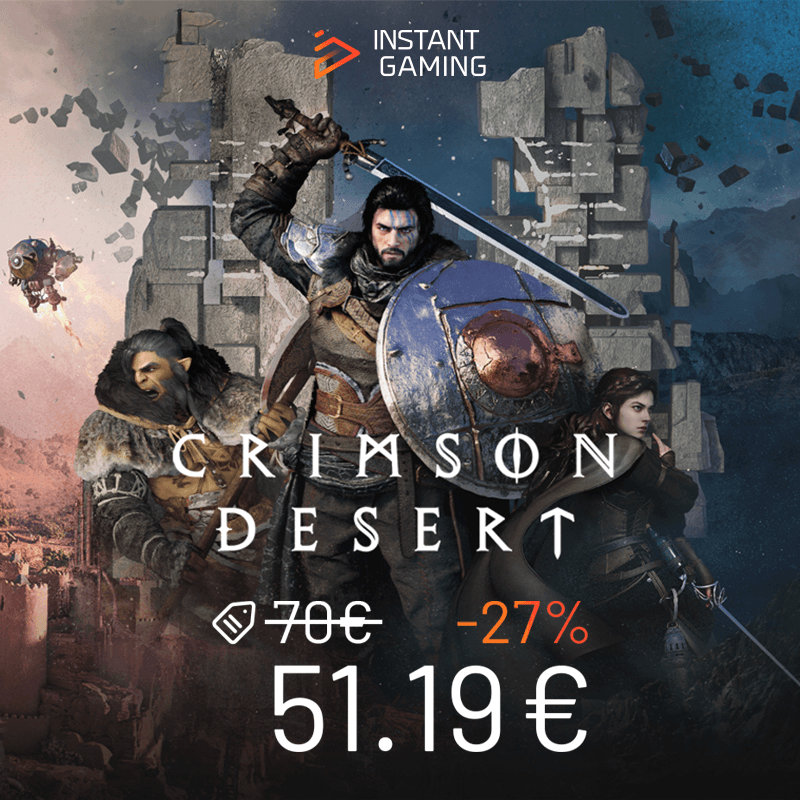 Crimson Desert jaquette officielle avec prix Instant Gaming 51.19€, jeu RPG action en monde ouvert avec combats dynamiques et univers médiéval fantasy
