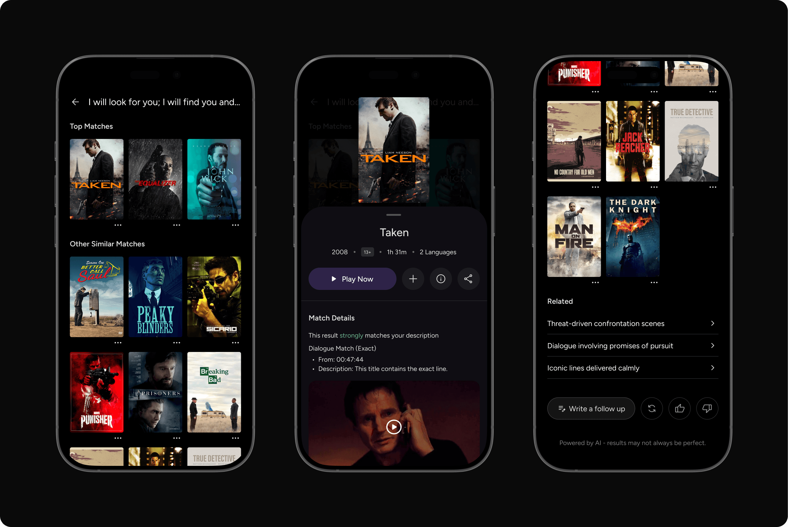 Three mobile screens showing AI-powered dialogue search results for the quote “I will look for you; I will find you and I will kill you",” including top matches, a detailed exact dialogue match with timestamp and scene preview, and related thematic suggestions with follow-up options.