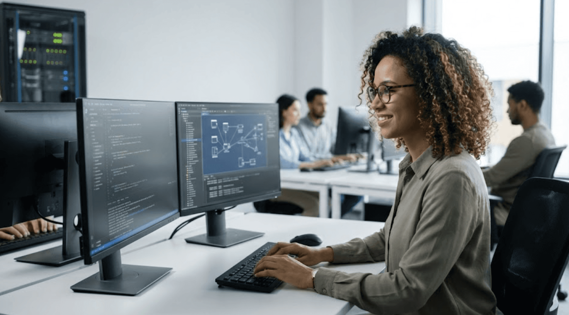 An IT professional, likely a software engineer or developer, working with code displayed on dual monitors while using a standing desk in a modern, open-plan office setting with large windows