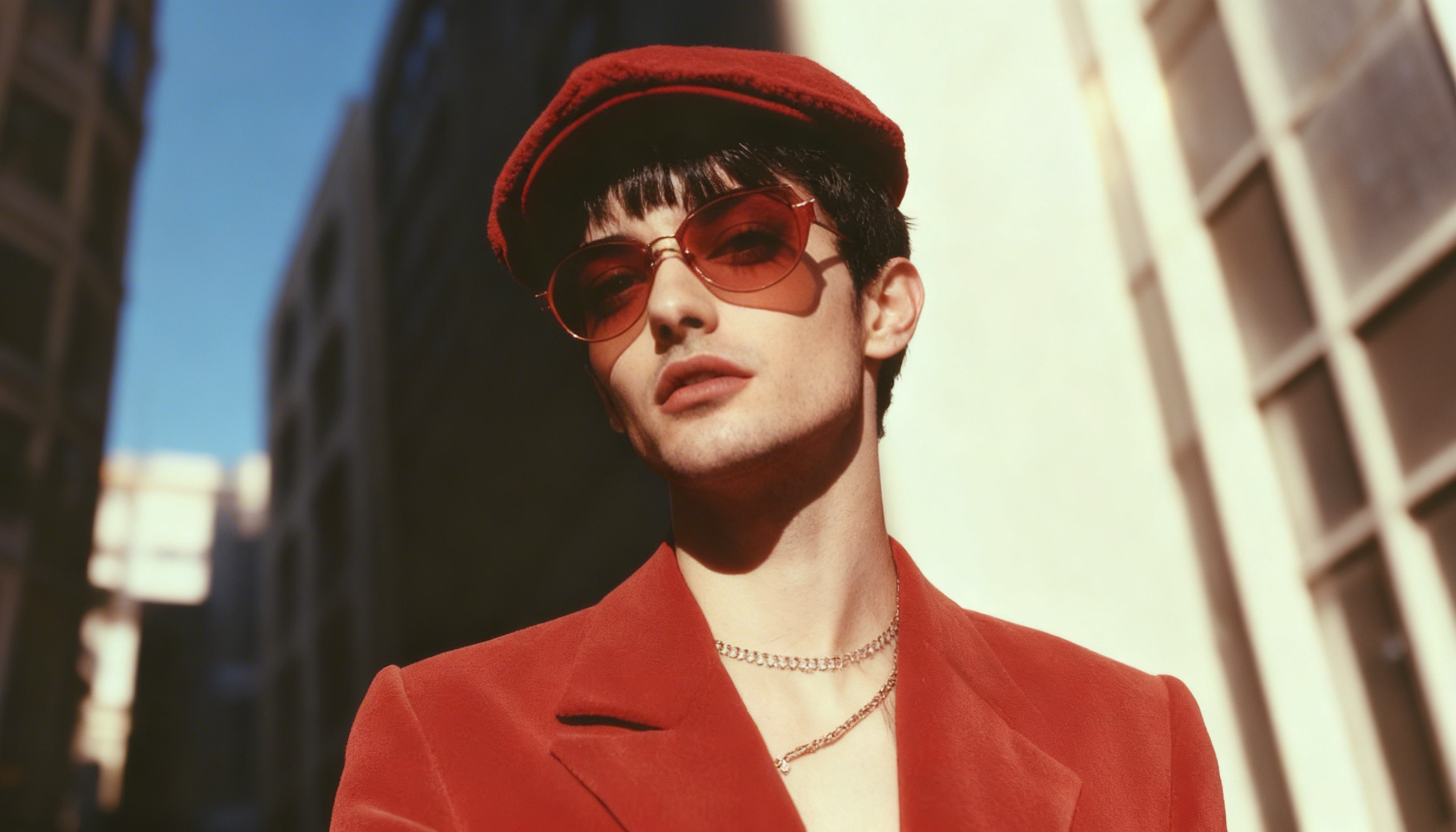 Black and white editorial portrait of a man wearing futuristic glasses and a dark turtleneck, posing with hand to chin.