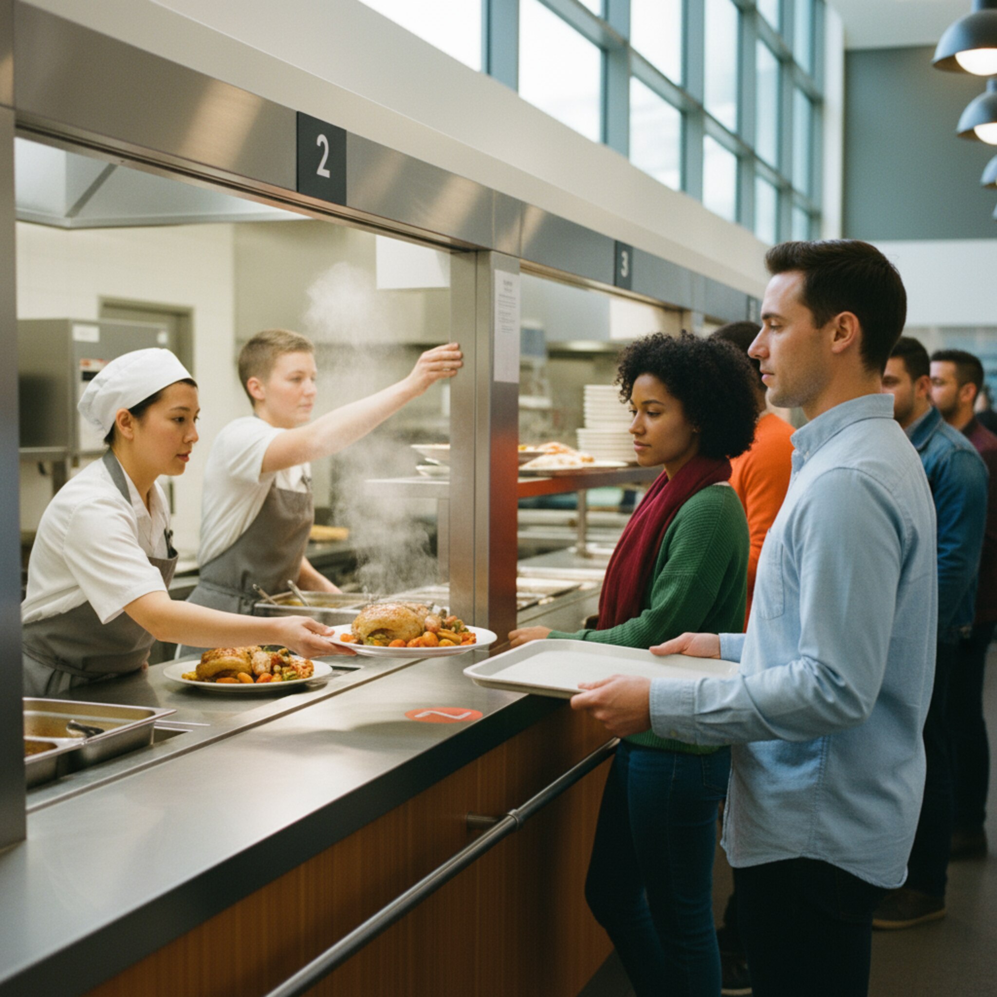 Am Tresen reicht ein Mitarbeiter ein dampfendes Gericht an eine Person mit Tablett, während der nächste Gast an das zweite Fenster tritt. Eine Kollegin richtet Nummernschilder über den Stationen aus. Die Bewegung wirkt flüssig, freundlich und geordnet, selbst während der Mittagswelle.