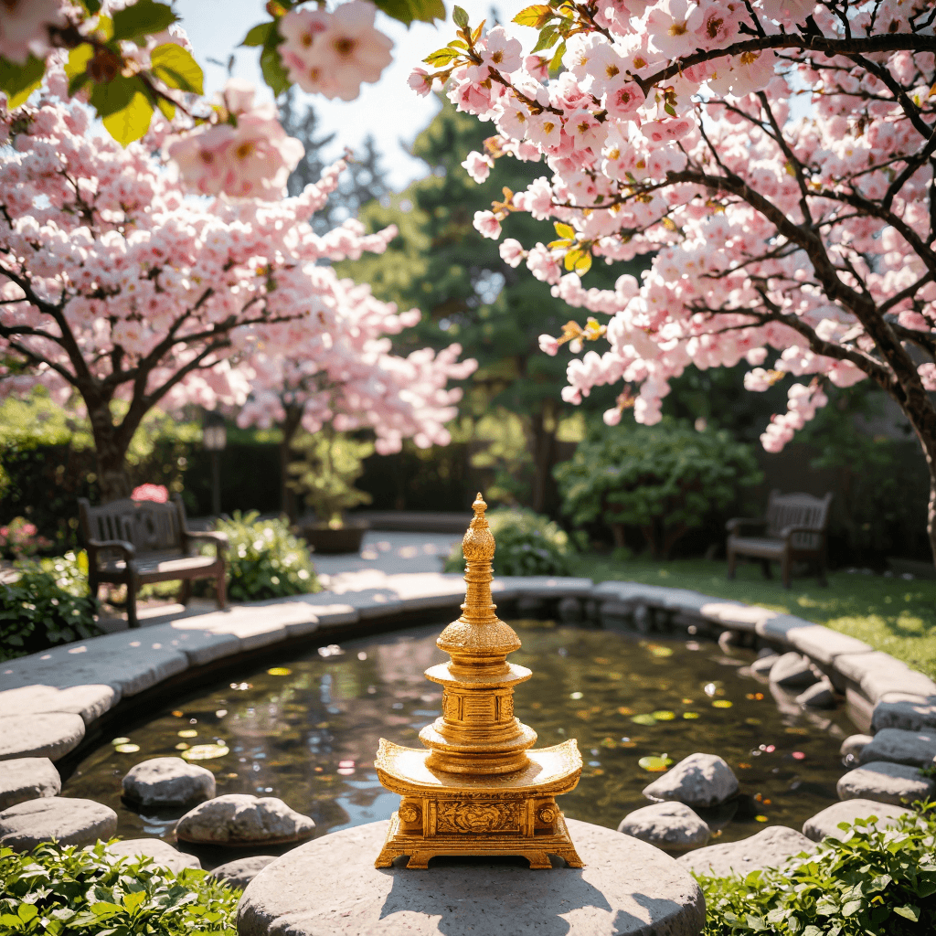 product photography of a golden stupa ornament