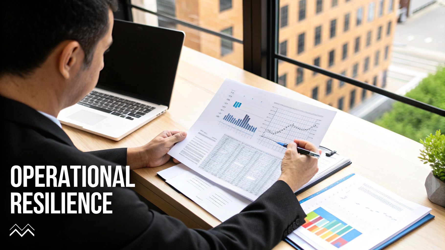 A man in a suit reviews financial charts and data, with a laptop and city view.