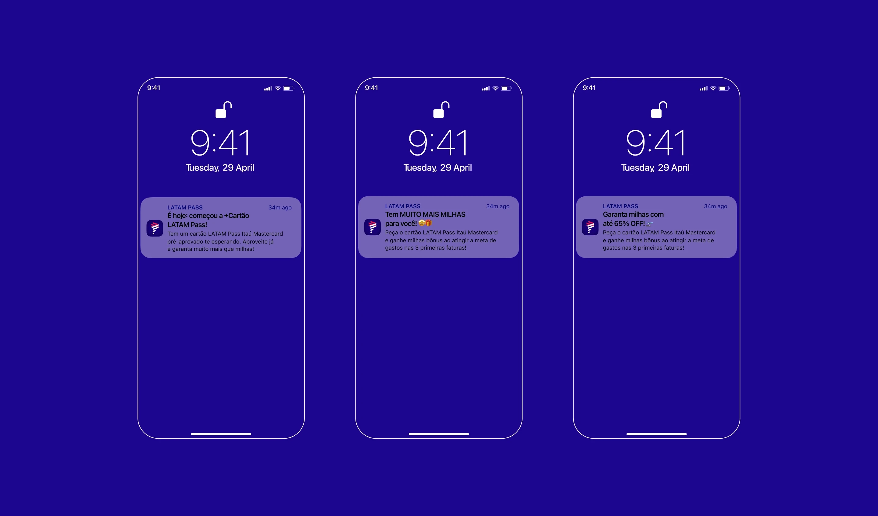 Push notification copy and mobile UI mockups for LATAM Pass campaign, designed to re-engage users and drive card conversions through targeted messaging.