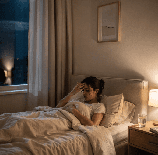 Frau liegt abends erschöpft im Bett und schaut auf ihr Smartphone bei warmem Licht