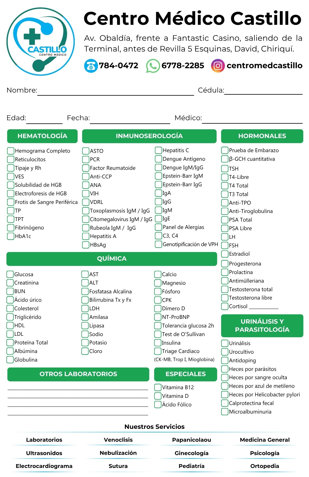 Diseño de orden médica profesional elaborada por Fresa Marketing para el Centro Médico Castillo en David, Chiriquí. Incluye secciones de hematología, inmunoserología, química, hormonales y análisis de orina, con una estructura visual clara y moderna para uso clínico