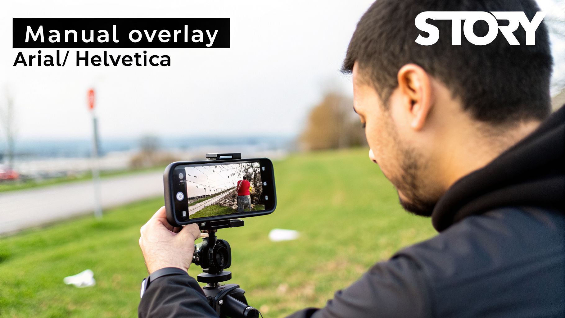 A man uses a smartphone on a tripod to record a video, displaying a person in a field.