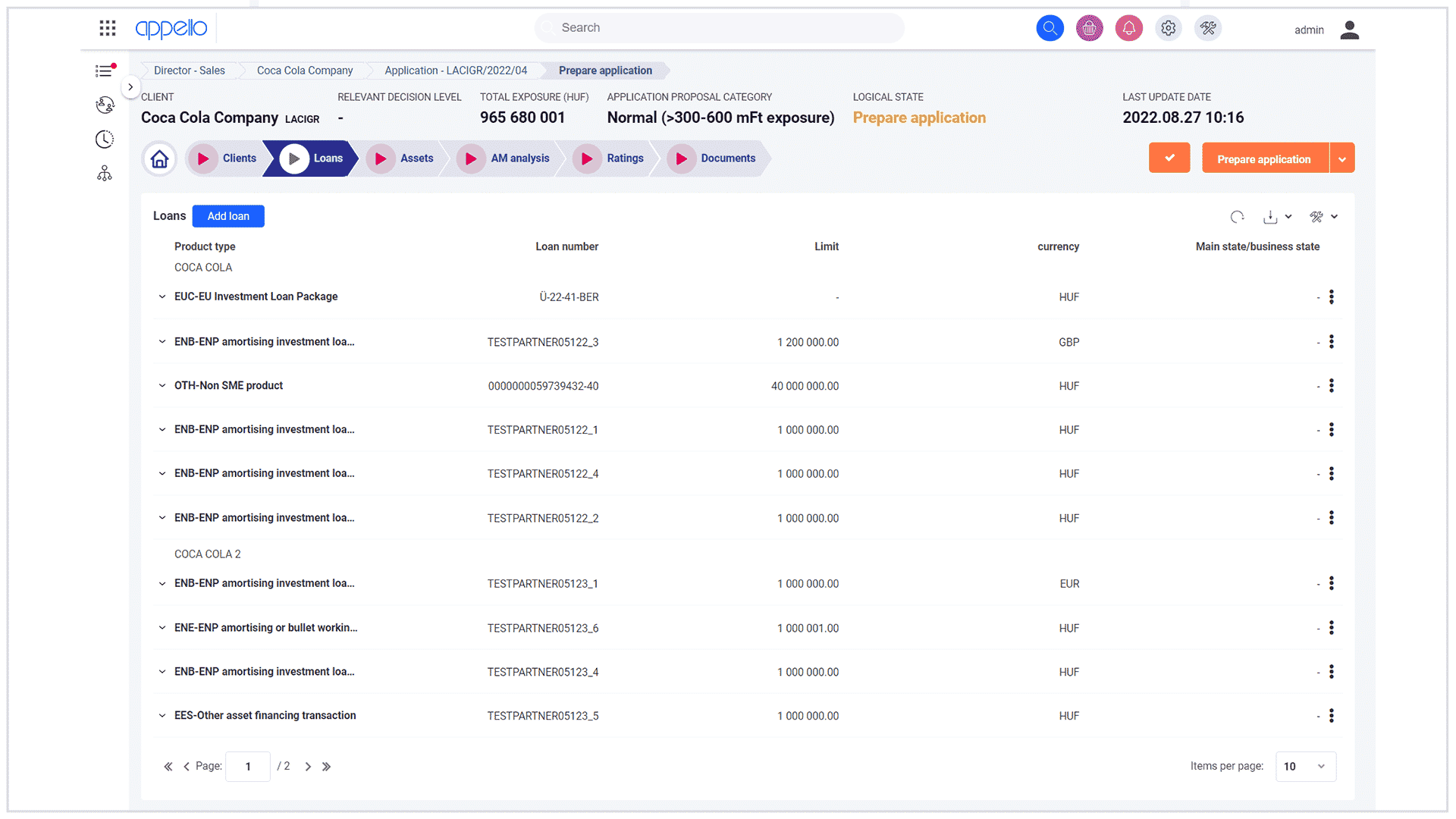 The image displays a detailed financial dashboard for a company, showcasing various loan products, their respective loan numbers, limits, and associated currencies in a tabular format, with options to prepare an application and view application details.