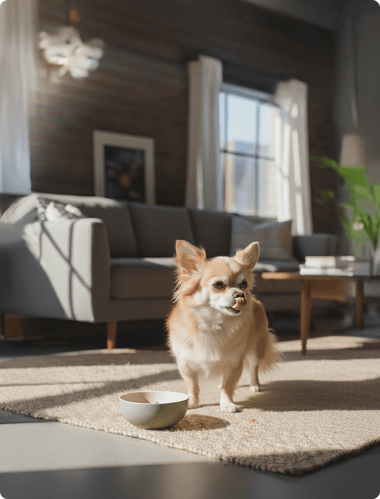 Chihuahua standing beside a food bowl in a home setting.