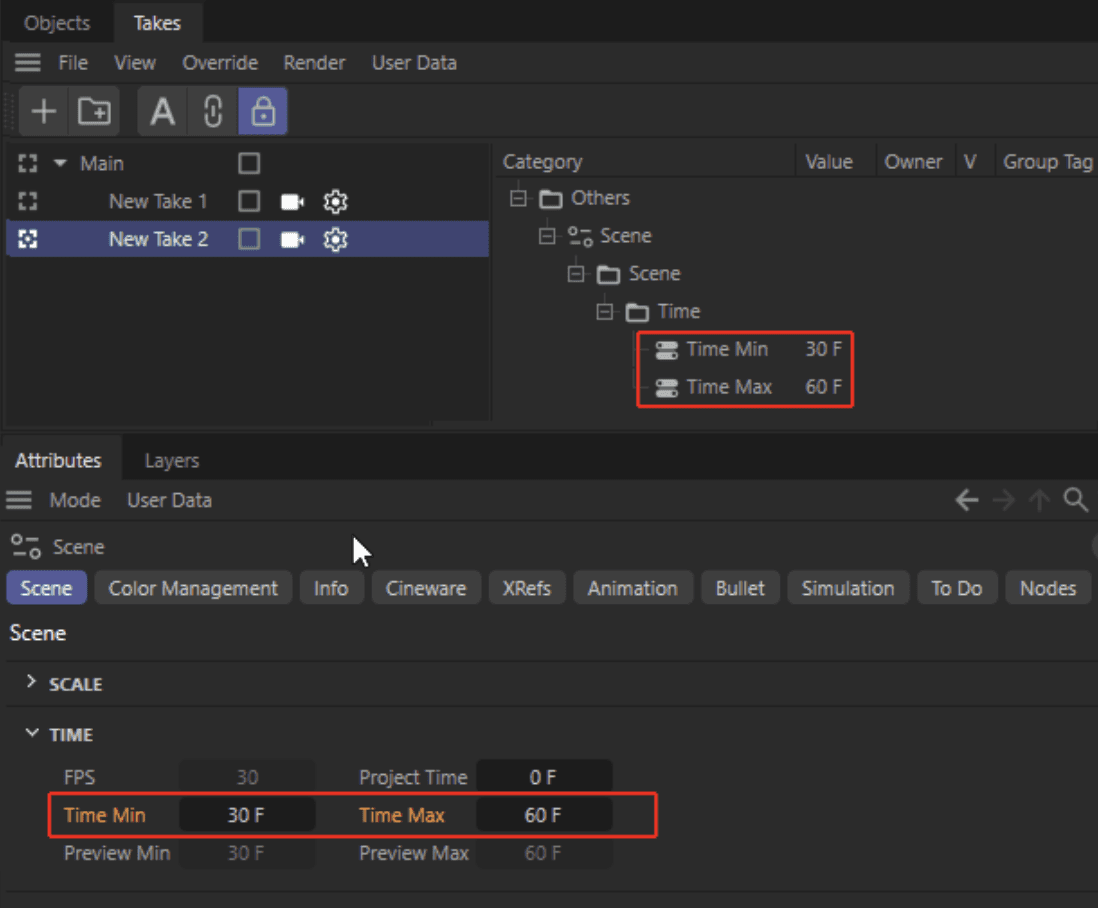 Cinema 4D Take Manager showing minimum and maximum time overrides of 30 and 60 frames for a selected Take.