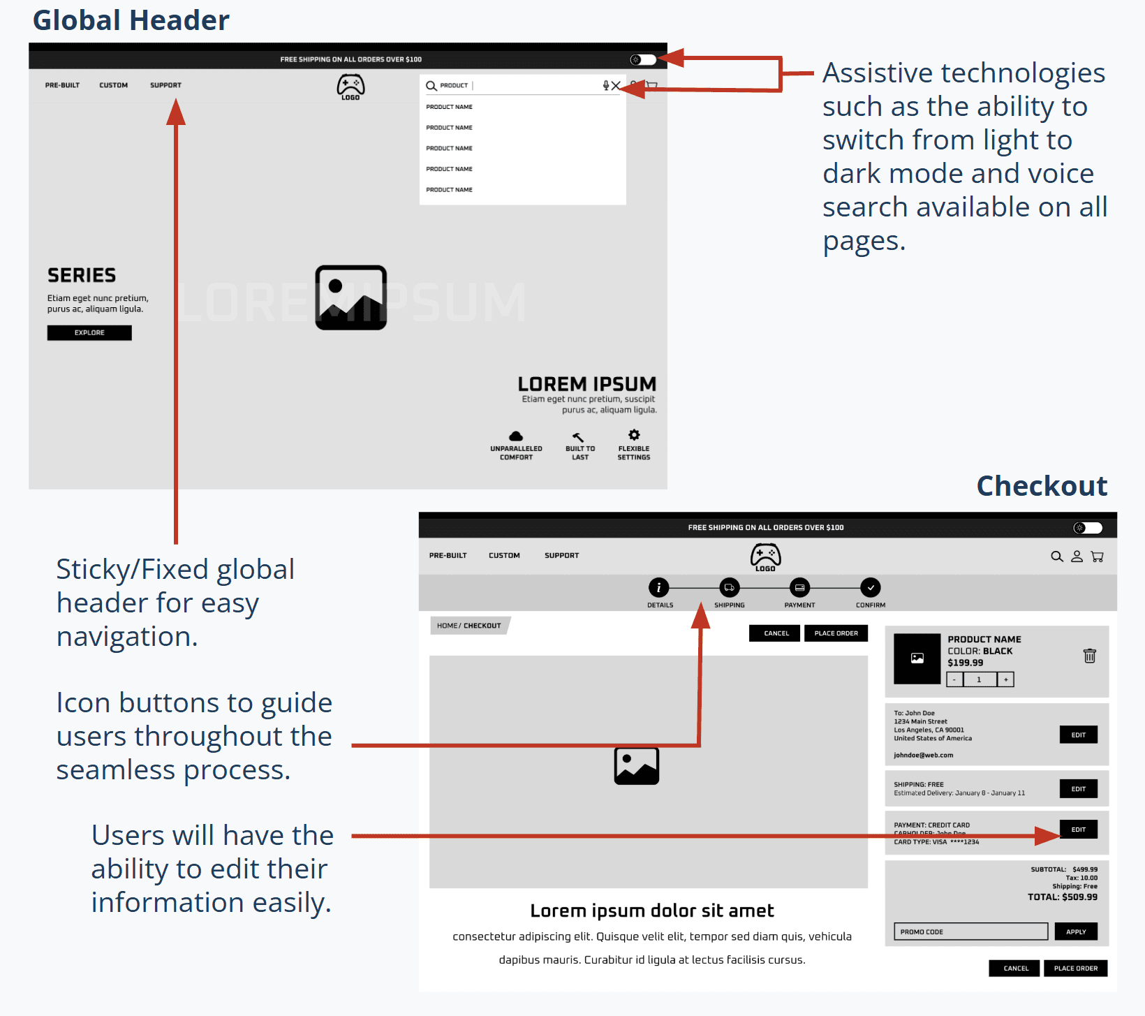 Global Header and Checkout Features