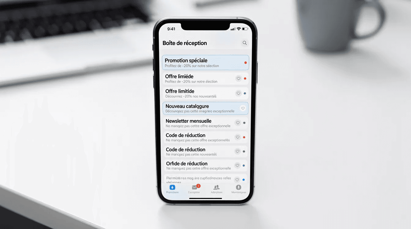 Un smartphone affiche une boîte de réception d'emails contenant des messages marketing, incluant des offres et des informations sur des services. Ces messages soulignent l'importance de l'opt in et du consentement pour la protection des données personnelles des utilisateurs.