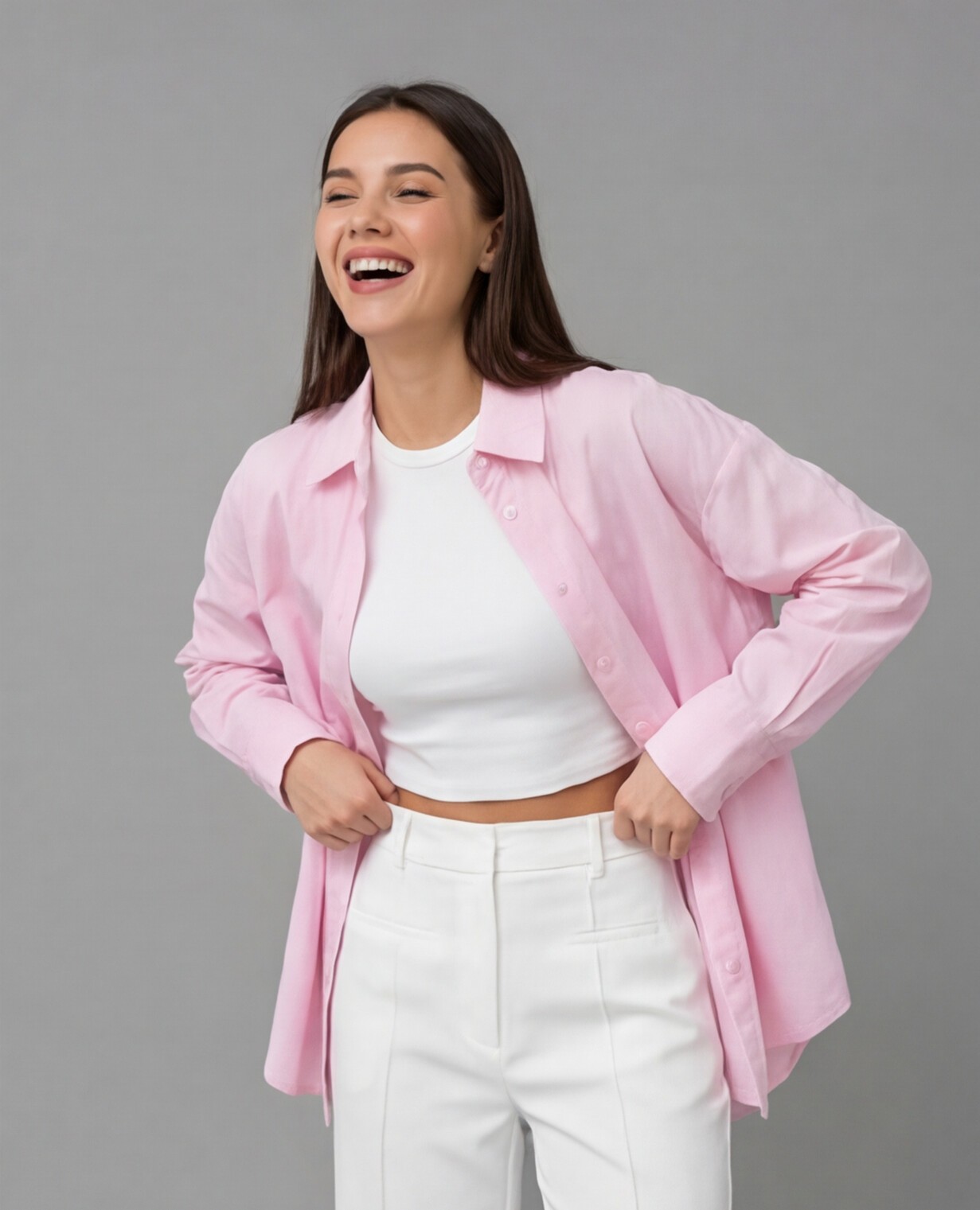 Pink Button Shirt with White Wide Leg Trousers