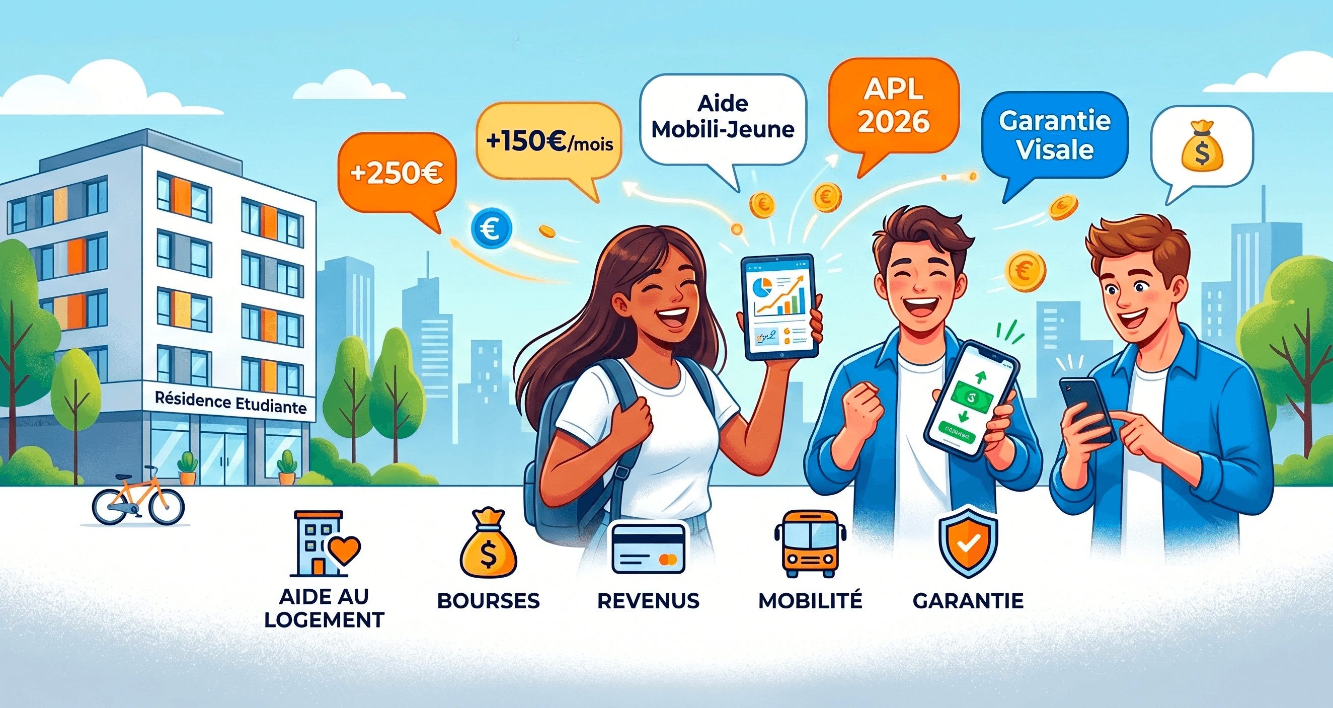 Illustration de trois apprentis souriants devant une résidence étudiante, recevant des aides financières au logement représentées par des bulles "+150€", "APL 2026" et "Garantie Visale".
